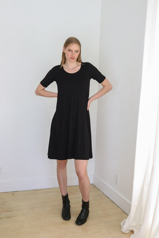 Made in Canada. Women's Clothing. Bamboo fabric. OEKO-TEX certified. Women's dress. Super soft fabric. Bamboo rib knit. Loose fitting dress. Little black dress.