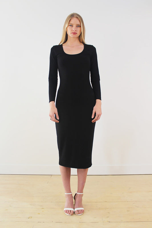 Made in Canada. Women's Clothing. Bamboo fabric. OEKO-TEX certified. Women's dress. Super soft fabric. Bamboo rib knit. Long sleeve dress.Tight black dress.