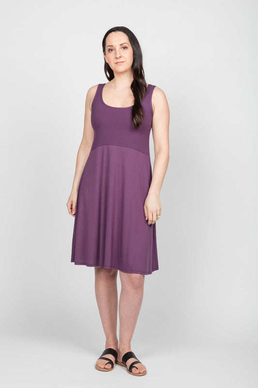 Made in Canada. Women's Clothing. Bamboo fabric. OEKO-TEX certified. Women's dress. Super soft fabric. Bamboo rib knit fabric. Empire waist. Flared skirt.